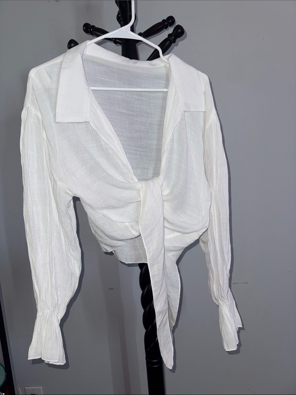 White Tie-Front Long Sleeve Women's Top 31